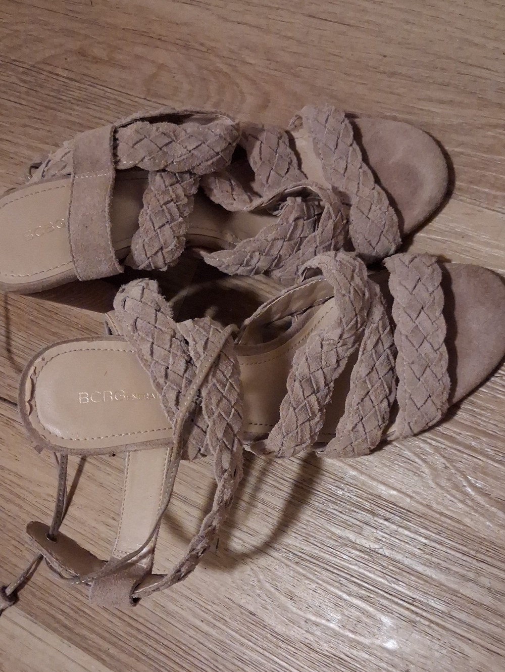 BCBG Braided Suede Lace-Up Heeled Sandals in Taupe